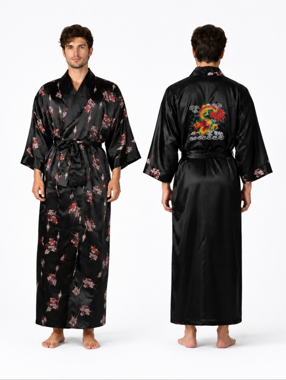 Vtg 90s Reversible black satin dragon/Chinese lantern Embroidered robe sz XL